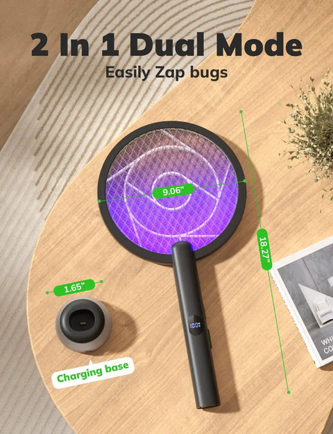 Electric Fly Swatter Bug Zapper Racket 4000V with LED Screen dual modes displayed on a table with charging base.