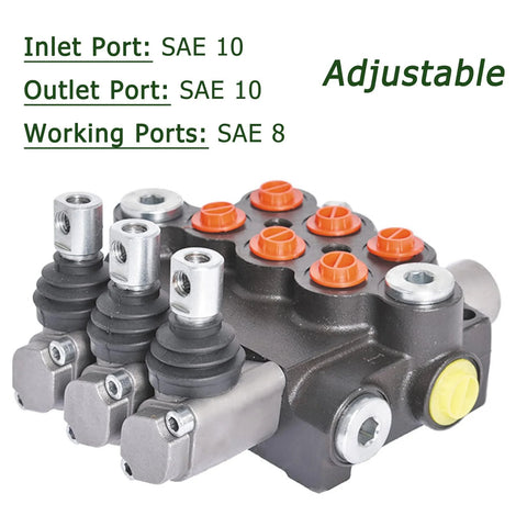 Timunr 3-spool hydraulic directional control valve with SAE ports; black body, orange port caps, silver fittings.