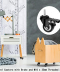 Rolls Like A Dream Heavy Duty Polyurethane Swivel Caster Wheels With Lock Brakes And Threaded Stems Set Of Four, black caster on a wooden cart.