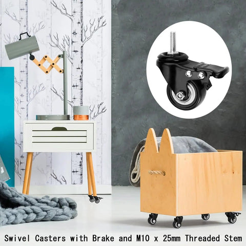Rolls Like A Dream Heavy Duty Polyurethane Swivel Caster Wheels With Lock Brakes And Threaded Stems Set Of Four, black caster on a wooden cart.