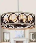 Modern Farmhouse Drum Chandelier In Black And White Birch Finish, Six Lights, Round Metal Rustic Pendant Light For Kitchen