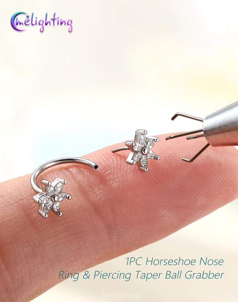 Must-Have Flower 20G Horseshoe Nose Ring Kit With Ball Grabber Tool And Double-Ended Push-Pin, 316L Stainless Steel CZ Clear Threadless