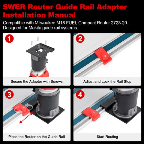 Heavy Duty Guide Rail Adapter Fits Milwaukee Compact Router using Smooth As Butter Track Mounting and Dead On Alignment installation steps.