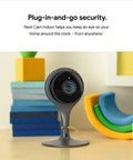 Indoor 1080p Security Cam With Night Vision on tabletop with colorful blocks, offering 24 Seven Live Video.