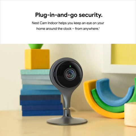 Indoor 1080p Security Cam With Night Vision on tabletop with colorful blocks, offering 24 Seven Live Video.