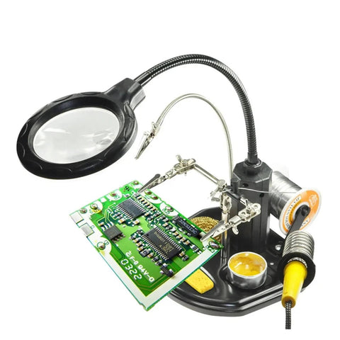 Welding Soldering Magnifier With Flexible Gooseneck Arms And 360 Degree Rotating Alligator Clips, Pro Grade Handy Helping Hands For Precision PCB Work At Your Desktop Station, showing magnifying lens and electronics board.