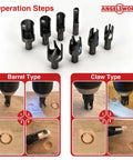 Solid 8 Piece Wood Plug Cutter Drill Bit Set Featuring Barrel And Claw Tips 1/4 3/8 1/2 And 5/8 Inch Sizes 1/4 Inch Hex Shank operation steps shown.