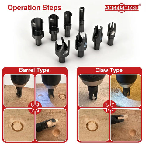 Solid 8 Piece Wood Plug Cutter Drill Bit Set Featuring Barrel And Claw Tips 1/4 3/8 1/2 And 5/8 Inch Sizes 1/4 Inch Hex Shank operation steps shown.
