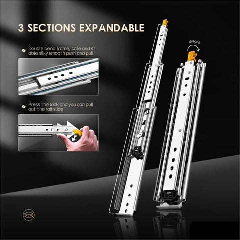 Heavy Duty Full Extension Drawer Slides Built Like A Tank With Secure Lock And Smooth Ball Bearings Handle 485 Pounds, showing extendable rail slides.