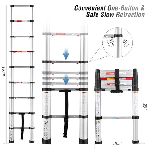 Aluminum Telescoping Ladder 8.5 Ft With One Button Safe Close, Foldable Extension Ladder For RV Roof Loft, ANSI Certified Portable Telescopic Ladder, Slow Down Retract, 330 Lb Capacity