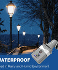 Outdoor Photoelectric Sensor Switch With Auto On At Dusk Off At Dawn installed near street lights in rain, showing waterproof use.