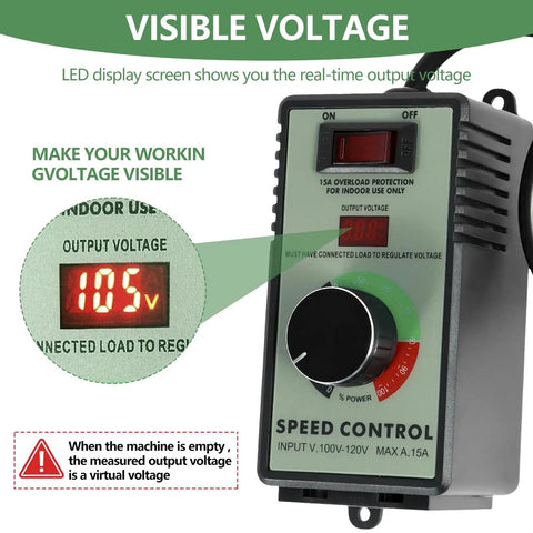 Sweet Spot Variable Speed Controller For AC Motors with LED display showing output voltage and adjustable dial for speed control.