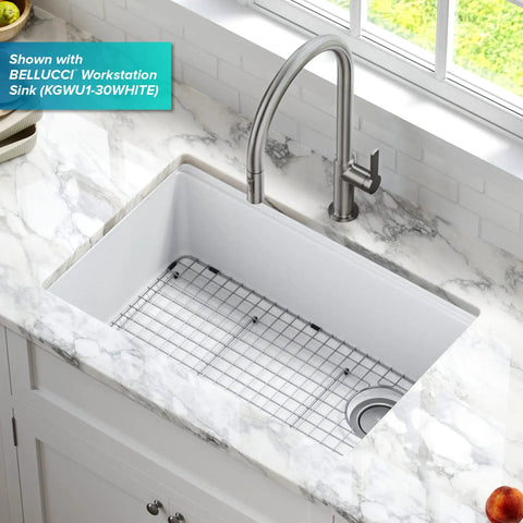 Bellucci Series Stainless Steel Sink Bottom Grid With Soft Rubber Bumpers installed in 30 inch kitchen sink.