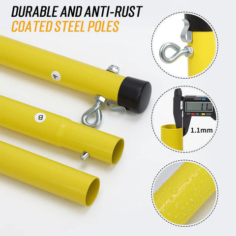 Close-up of yellow coated steel poles for Regulation 20Ft Badminton Net Set For Backyard Portable Outdoor Play showing durability.