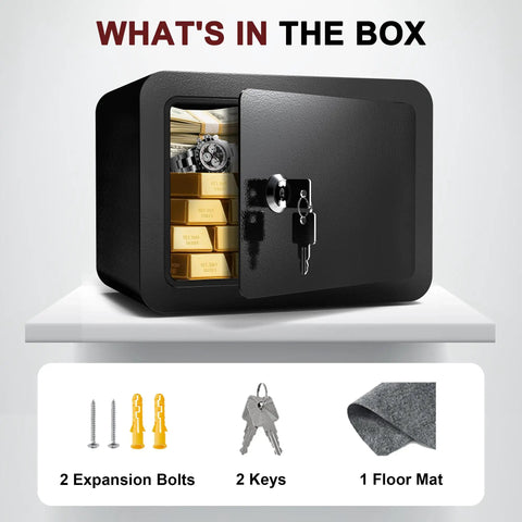 Compact Money Safe With Key Lock And Coin Slot Hidden Stash Box, showing contents including keys, bolts, and mat, on display.