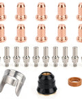 IPT60 Plasma Cutter Consumables Kit 23 Piece Replacement Set With Electrodes Nozzles Swirl Ring Retaining Cap Stand Off For ARCCAPTAIN CUT55 Non HF CUT60 Non HF Compatibility Premium Quality Replacement Parts To Keep Your Cutter Runnin Strong, showing individual components neatly arranged in rows.