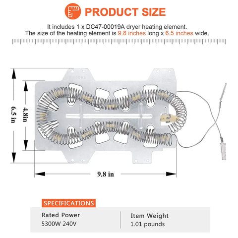 DC47-00019A Dryer Heating Element 5300 Watts 240 Volts Replacement For Samsung Dryers, front view showing dimensions and specifications.