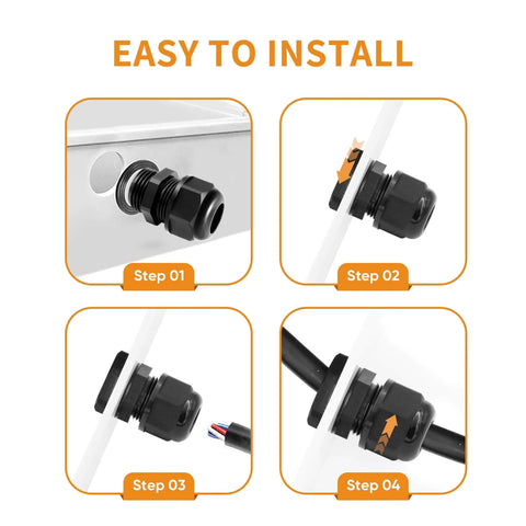 Installation steps of waterproof cable gland set nylon NPT adjustable 4 to 25 mm 20 pieces in PP box black, showing components and assembly