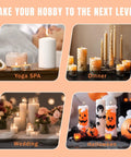 Various candles displayed for yoga, dinner, wedding, and Halloween made using All In One Candle Making Kit With A 3 LB Melting Pot Heat Gun Digital Thermometer Digital Scale Wick Trimmer Pro DIY Tools For Adults Great For Home Candle Craft Projects And Fixing Wax Mistakes.