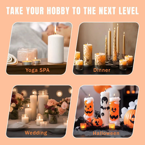 Various candles displayed for yoga, dinner, wedding, and Halloween made using All In One Candle Making Kit With A 3 LB Melting Pot Heat Gun Digital Thermometer Digital Scale Wick Trimmer Pro DIY Tools For Adults Great For Home Candle Craft Projects And Fixing Wax Mistakes.