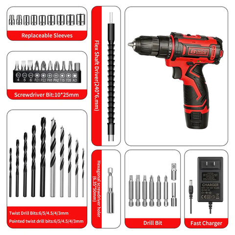Powerful 12V Cordless Drill Driver Kit with 43 Piece Home Tool Set, dual speed, 25 to 1 torque, LED work light, quick charge battery
