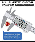 Go-To Digital Caliper With LCD Display 0 To 6 Inch Range measuring jewelry with red heart gem, inch to millimeter conversion visible