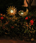 Two Pack Sun Moon Solar Garden Lights Outdoor Waterproof Metal Decorative Lamps With Heavy Bulb Base illuminating garden path