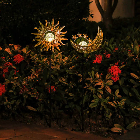 Two Pack Sun Moon Solar Garden Lights Outdoor Waterproof Metal Decorative Lamps With Heavy Bulb Base illuminating garden path