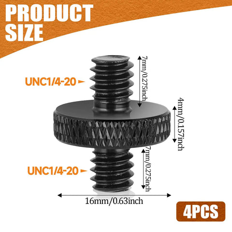 Four Pack One Quarter Inch Male To One Quarter Inch Male Tripod Screws, Double Head Converter, stainless steel dimensions view
