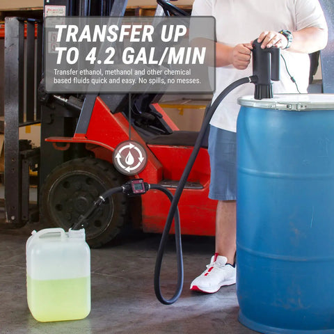 Badass Electric Drum Pump With Telescopic Suction Hose Built For Lightning Fast Transfer Of Methanol Ethanol AdBlue And Windshield Fluid Straight Up Into Fifty Five Gallon Barrels in use with a blue drum and yellow liquid.