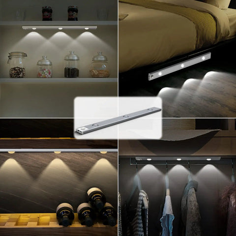 Two Pack Magnetic Under Cabinet Lights With Motion Sensor, Dimmable And Rechargeable USB Battery in kitchen and wardrobe view