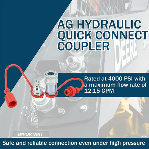 Three Eighths NPT Ag Hydraulic Quick Connect Coupler ISO 5675 Poppet Pioneer Style with Dust Caps in use