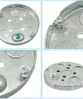 Built Tough Shallow Round Metal Electrical Junction Box 1/2 Inch Deep Galvanized Steel Wiring Hub 2 Pack showing pre-cut ports.