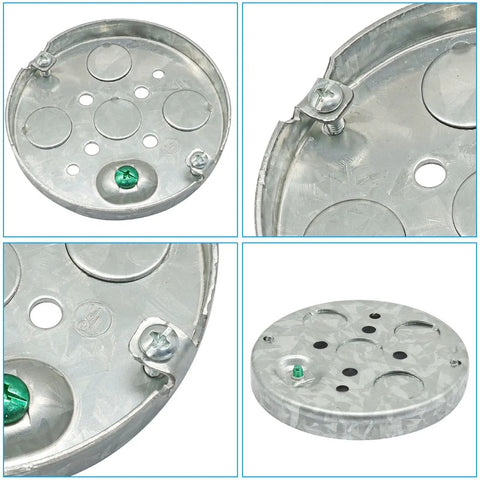 Built Tough Shallow Round Metal Electrical Junction Box 1/2 Inch Deep Galvanized Steel Wiring Hub 2 Pack showing pre-cut ports.