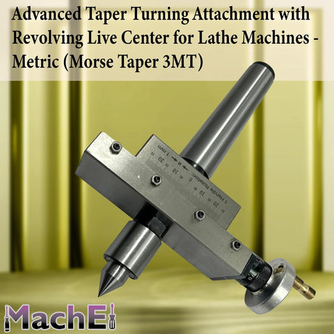 Side view of MachEl taper turning attachment with revolving live center for lathe, metric 3MT