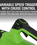 Close-up of 40V Cordless Brushless Axial Leaf Blower Beasts Debris With 130 MPH Airspeed And 550 CFM Quiet Torque Boost handle