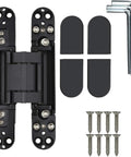 Top Tier Six Inch Hidden Door Hinges With Dead Simple Three Dimensional Tuning And Workhorse Zinc Alloy Build For Smooth Heavy Duty Swings On Flush Panels Up To Forty Four Pounds Load, with accessories including screws and hex keys.