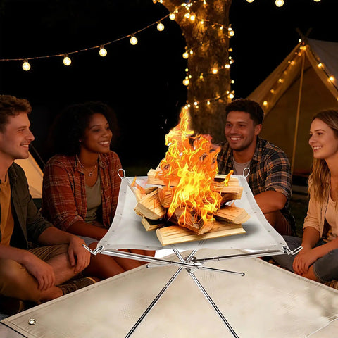 22 Inch Outdoor Folding Fire Pit For Camping And Backyard Fun with friends gathered around, lit on fire, made of 304 stainless steel.