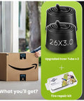 20x3.0 Fat Bike Inner Tubes 2 Pack With 32mm Schrader Valve Premium Butyl Rubber Puncture Resistant Replacement Tubes For Electric Fat Tires Includes Repair Kit shown with packaging and repair kit