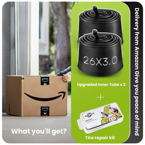 20x3.0 Fat Bike Inner Tubes 2 Pack With 32mm Schrader Valve Premium Butyl Rubber Puncture Resistant Replacement Tubes For Electric Fat Tires Includes Repair Kit shown with packaging and repair kit