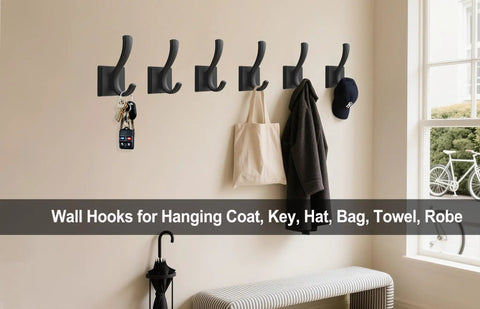Heavy Duty Black Towel Hooks 3 Pack For Bathroom Wall Mount Robe Coat Hats Bags Keys And More Utility Hangers displayed on wall