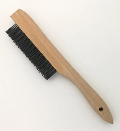 Wire brush with wooden handle, part of Heavy Duty Welding Chipping Hammer With Coil Spring Handle For Shock Absorption set.