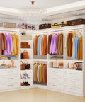 L Shaped Corner Closet System With Nine Roomy Drawers And Spacious Open Shelves Freestanding Modular Wardrobe Organizer Loaded With Heavy Duty Hanging Rods For Walk In Closet Setup White, showcasing organized clothes and accessories.