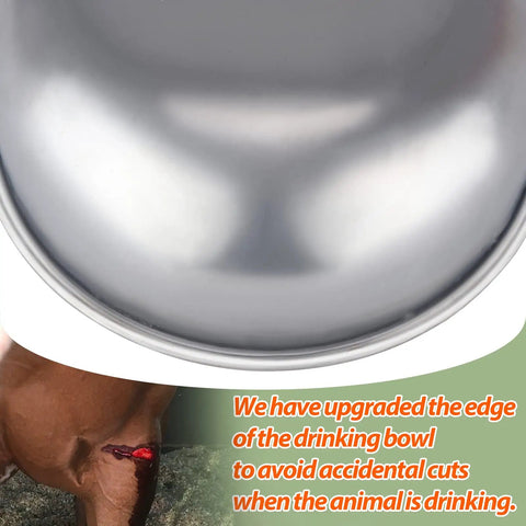 Close-up of stainless steel automatic animal drinking water bowl showing smooth edge for cattle, horses, sheep, and sows.