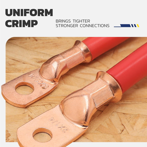 Close-up of copper lugs with red cables from Pro Grade Heavy Duty Battery Cable Crimping Tool Kit With Ratchet Hex Extended Handle