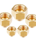 Brass Flare Cap Set For Compression Stop Valves 5 Piece Kit with varying tube sizes displayed on white background