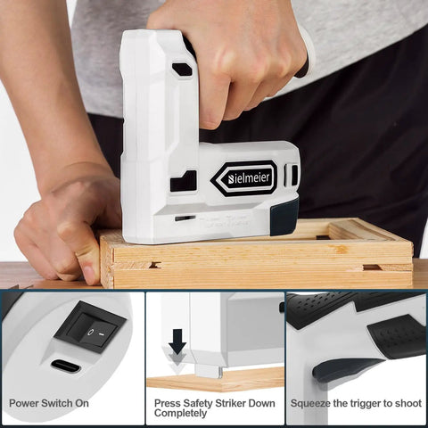 2 In 1 Cordless Electric Staple Gun And Brad Nailer Kit being used for woodworking with close-up on safety features, 4V Lithium Ion Battery