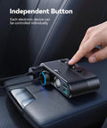 Hand pressing button on 7 In 1 Cigarette Lighter Car Charger With 179W Total Power, 4 USB Ports And 3 Lighter Sockets on car seat