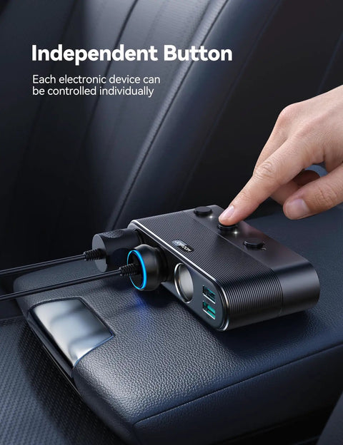 Hand pressing button on 7 In 1 Cigarette Lighter Car Charger With 179W Total Power, 4 USB Ports And 3 Lighter Sockets on car seat