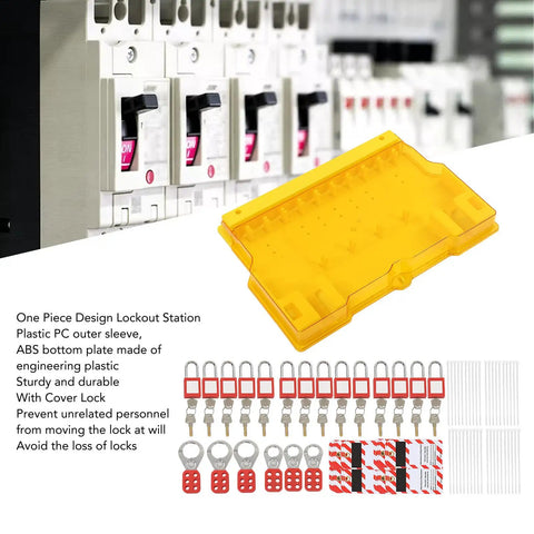 Lockout Tagout Station Kit With Tamper Proof Cover And Industrial Grade ABS Nylon Construction Durable Padlocks displayed.